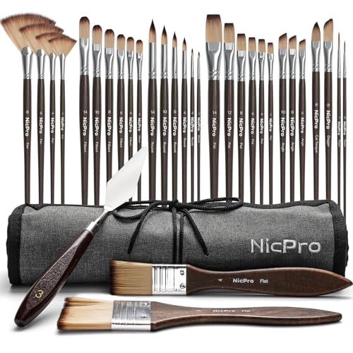Image of Nicpro 32pcs Paint Brush Set, Professional Paintbrushes with Paint Spatula and Cloth Roll Case, Craft Paint Brushes for Acrylic Painting, Oil, Watercolor, Gouache, Art Supplies for Artists Beginners