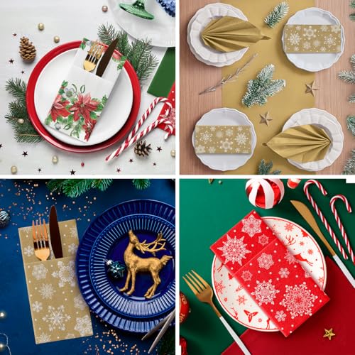 PAW - Christmas Linen Feel Napkins with Built-in Flatware Pocket, Absorbent Pre-Folded Dinner Napkins with Poinsettia, Guest Towels for Xmas Dinner, Wedding, Winter Holiday, Decorative Towel, 50 Count – Image 8