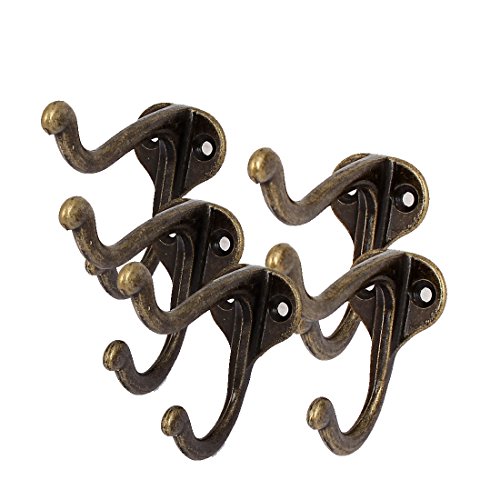 Image of uxcell Bedroom Wall Mounted Retro Style Metal Double Hanger Hook Bronze Tone 5pcs