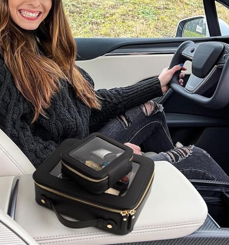 Image of Clear Makeup Bag Set, Portable Travel Toiletry Bag Cosmetic Case for Women, Vegan Leather Make up Pouch Organizer Car Bag for Essentials (Mini+Large Black)