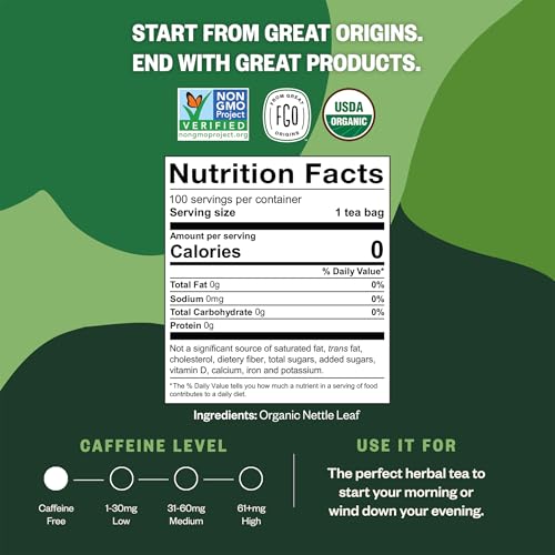 Image of FGO Organic Nettle Leaf Tea, 100 Count, Eco-Conscious Tea Bags, Caffeine Free, Resealable Bag, Packaging May Vary (Pack of 1)