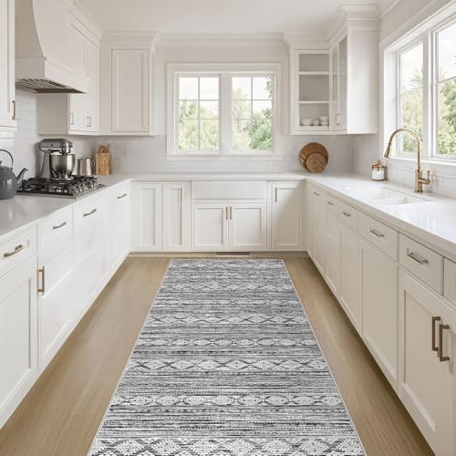 Nakagishi Runner Rug Kitchen Washable Rugs: 3x8 Non-Slip Boho Soft Modern Stain Resistant Indoor Floor Neutral Farmhouse Throw Carpet for Hallway Laundry Room Entryway Bedroom- Black and White