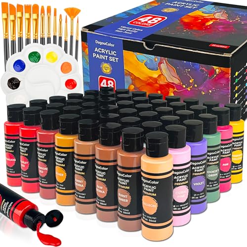 DagouColor Acrylfarben Set, 48 Farben x 60ml Flaschen, 12 Pinsel, 1...