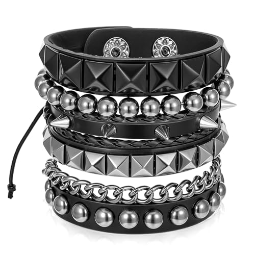 Ptwola 4 Stück Punk Leder Manschette Armband Gothic Lederarmband Armreif mit Metall Nieten Verstellbare Rock Biker Armband Set für Herren und Damen Party Geschenke