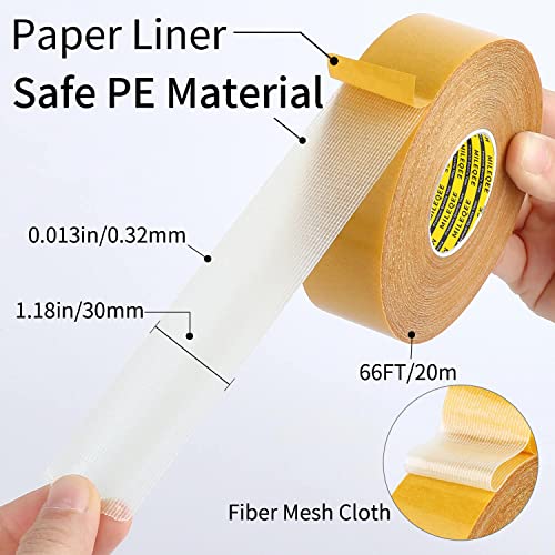 MILEQEE 1 Roll Double Sided Tape Heavy Duty, 1.18inx66FT(20m), Universal High Tack Strong Wall Adhesive with Fiberglass Mesh, Super Sticky Resistente Clear Tape, Easy Use Transparent Tape - Image 2