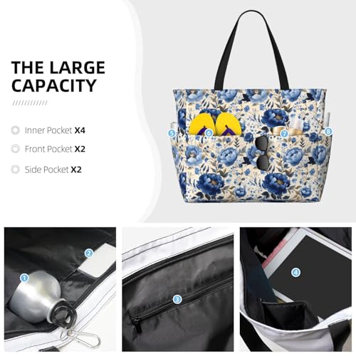 Large Beach Bags for Women Sandproof - Blue Peony Flower Print Summer Work Travel Tote Bags with Zipper3