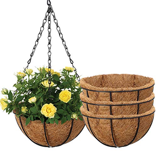 Tvird 4 Packs 12 Inch Large Hanging Wrought Iron Flower Baskets, Round Metal Hanging Planter Baskets with Coconut Palm Shell Lining,with Removable Chain Hanging Plant Rack for Indoor and Outdoor