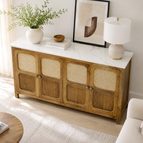 Image of The Attic Crestwood Solid Wood Sideboard Cabinet with Cane Doors | Storage & Display Cabinet for Living Room & Dining Room | Handcrafted Mango Wood, Light Teak Finish