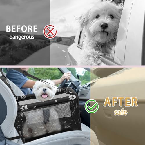 Image of Dog Car Seat, Foldable Dog Car Booster Seat Waterproof Breathable Oxford Travel Bag for Small to Medium Dogs, Puppies, and Pets-Pattern Black