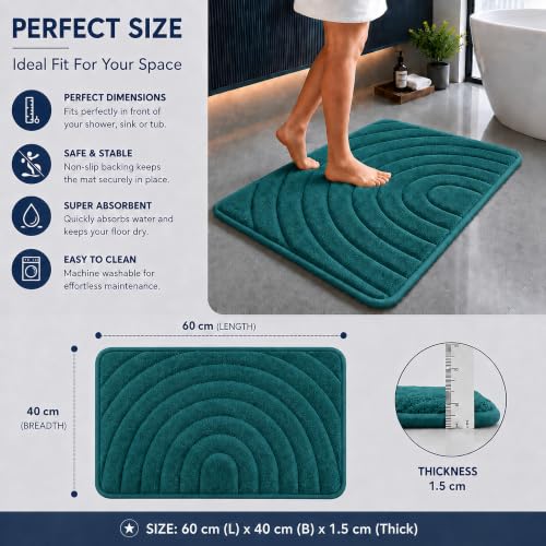 Image of Premium Memory Foam Bath Mat | 40x60cm Super Absorbent Velvet Bathroom Rug | Non-Slip Machine Washable Floor Mat (Teal Blue)