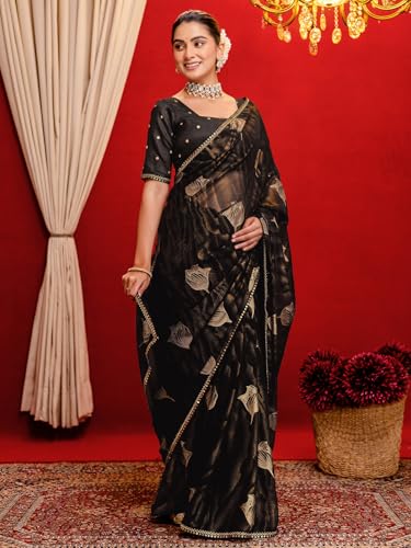 Image of SIRIL Women's Georgette Foil Printed Saree with Unstitched Blouse Piece