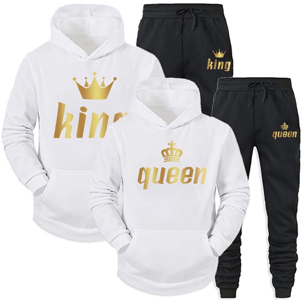 Minetom Autunno Inverno Tuta Sportiva Uomo Donna King Queen Stampa Manica Lunga Felpa Con Cappuccio E Pantaloni Due Pezzi Completi Jogging Set Bianco King XS - Foto 5