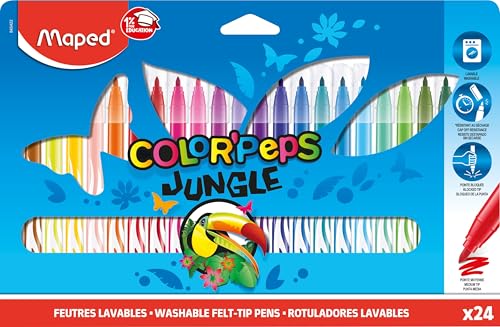Maped Feutres Jungle Color’Peps 24 Feutres de Coloriage Lavables et Résistants au Séchage Pointe Moyenne Bloquée Couleurs Vives Idéal Fournitures Rentrée Scolaire Pochette Carton