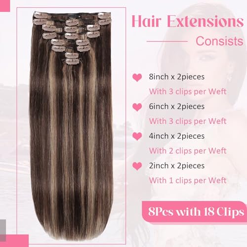 Clip in Hair Extensions Real Human Hair Clip ins 100% Human Hair Extension for Women 8pcs Per Set with 18 Clips Double Weft (24 Inch 90g #2/6 Dark Brown to Chestnut Brown)