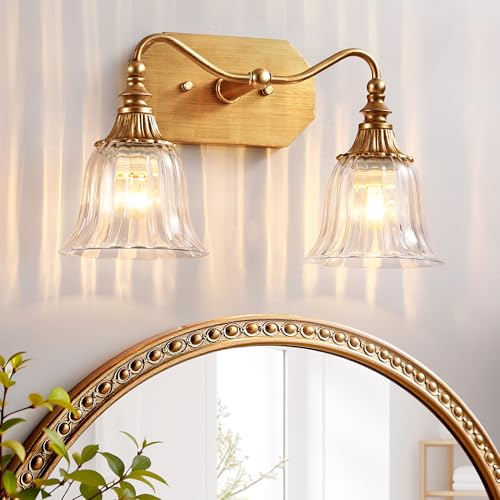 Image of LmnLvn Brushed Gold 2-Light Bathroom Light Fixture, Crystal Glass Shade