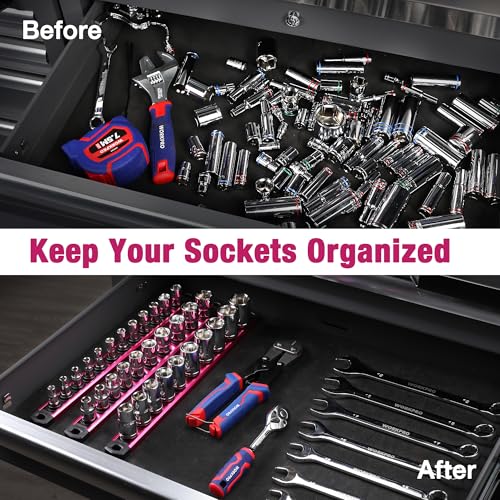 Image of WORKPRO Magnetic Socket Organizer, Heavy Duty 1 /4-Inch Drive Socket Rail | Aluminum Alloy, 12 Pieces Clips, Rotatable & Movable Clips, Efficient Organization
