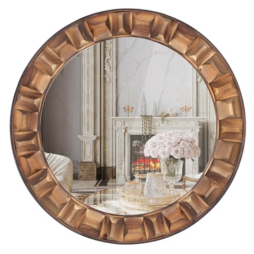 30 Inch Dark Wood Round Wall Mirror, Brown Wooden Decorative Circ...
