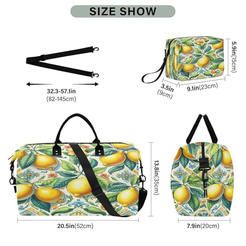 ​​Large Foldable Travel Duffel Bag, Waterproof Gym Bag for Men & Women, Carry-On Luggage Weekender Overnight Bag, Ceramic Tile Lemon Leaves3