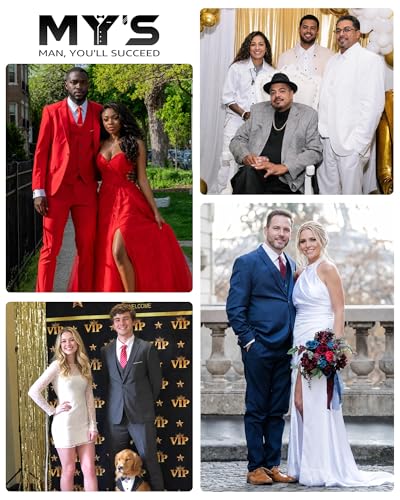 Image of MY'S Men's 3 Piece Suit Set with Tie, One Button Slim Fit Solid Jacket Vest Pants, Prom Party Wedding Business Suits for Men