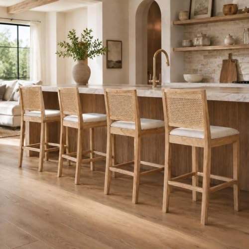 Image of 26'' Rattan Bar Stools Set of 4, Linen Seat,Cream | Cane Back,Rubberwood Frame,Low Maintain Fabric,Tucks Under Counters,for Kitchen Island Home Bar