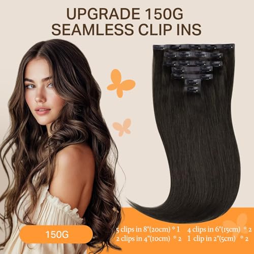 Image of DOORES Human Hair Extensions Seamless Clip in Extensions, Mocha Brown 20 Inch 7pcs 150g, Clip in Hair Extensions Human Hair Straight Hair Remy Thick Hair Thin Weft Invisi Edge Hair Extensions