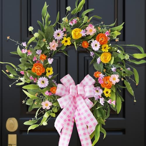 Spring Wreaths for Front Door Outside 22 Inch Handmade Silk Summer Flower Wreath Green Front Door Wreath Indoor Outdoor Home Farmhouse Easter Door Wreath for Spring Door Decor