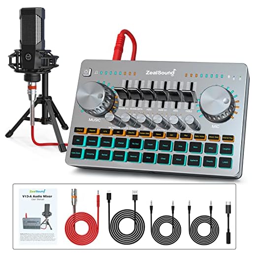 ZealSound Podcast Equipment Bundle,Audio Interface-All in One-Podcast Production Studio Soundboard Audio Mixer with Professional XLR Microphone for Live Streaming, Podcast Recording on Smartphone PC