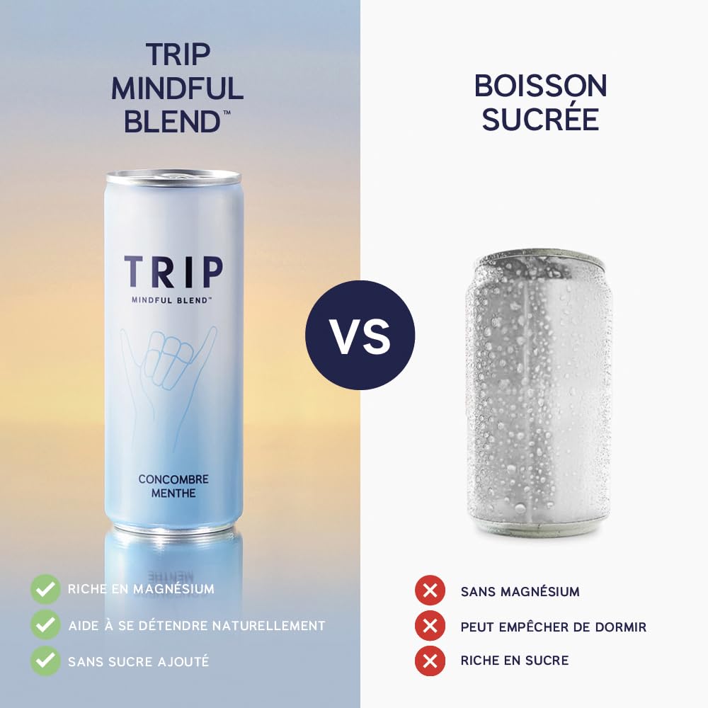 Trip Mindful Blend, boisson légèrement pétillante aux adaptogènes, mocktail avec 120mg de magnésium, crinière de lion et L-théanine, sans sucres ajoutés, végétalienne, saveur menthe-concombre 12x250ml