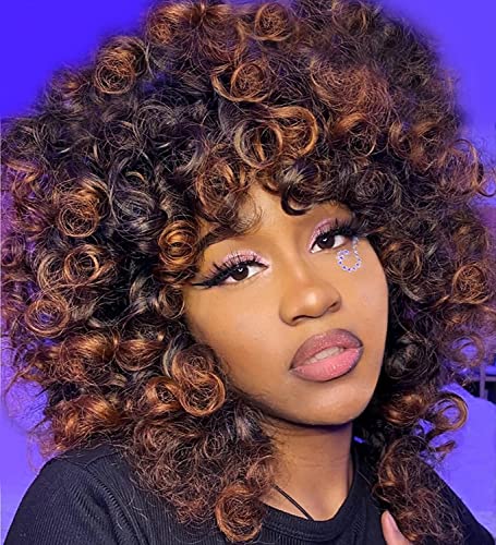 PORSMEER Pelucas de Pelo Corto Rizado para Mujeres Negras,Pelucas Afro Ondulada Pelo Natural Ombre Color Negra mixto Marrón Castano con Flequillo Peluca Mediana Afro Para Fiesta Disfraz Cover