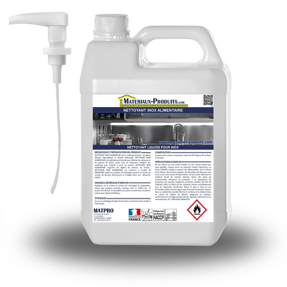 MATPRO, Nettoyant Inox Alimentaire 5L - Produit Écologique, Efficace pour Cuisine et Restauration, Brillance Durable, Compatible avec Tous Types de Surfaces Inox.