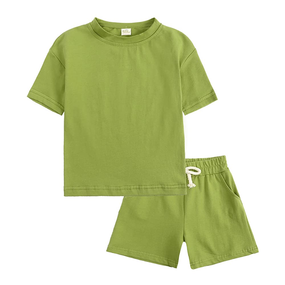 DINGDONG'S CLOSET Baby Kid Boys Girls Summer Solid Short Sleeve T-Shirt+Shorts 2Pcs Outfits Set(Grass Green, 2T)