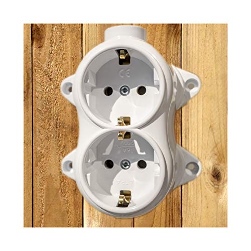 Enchufe Fest retro de 2 enchufes de 16 a 250 V, montaje en superficie, de latón, grueso, color blanco, aspecto retro de baquelita ALT