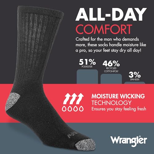 Wrangler Ultra Dry Crew Socks for Men - 12 Pack, Full Cushion, Arch Support, Moisture-Wicking, Steel Toe - Size 13-153