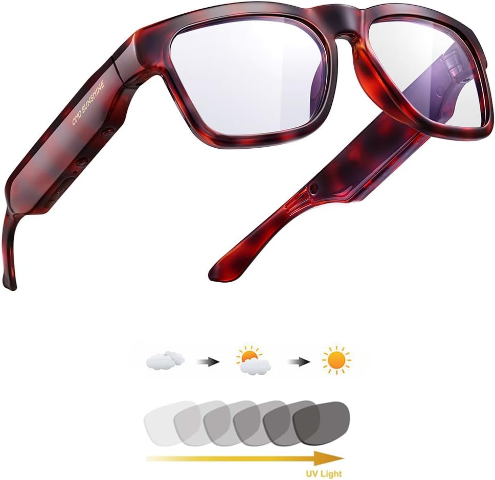 OhO Sunshnen Smart Glasses,128G MP3 Bluetooth Sunglasses with Open Ear Speaker,Indoor &Outdoor Sports,Transitional Bluelight Blocking Lens,Unisex