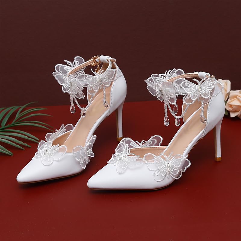 Bridal High Heels with Butterfly Appliques, White Lace Wedding Shoes, Ankle Strap, Stiletto Heel Pumps, Crystal Beaded Details,Sandals2