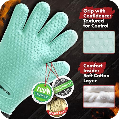 Image of KITCHEN PERFECTION XL Silicone Smoker Oven Gloves-Extreme Heat Resistant BBQ Gloves-Handle Hot Food Right on Your Grill Fryer&Pit|Waterproof Grilling Cooking Baking Mitts|Superior Value Set+3 Bonuses