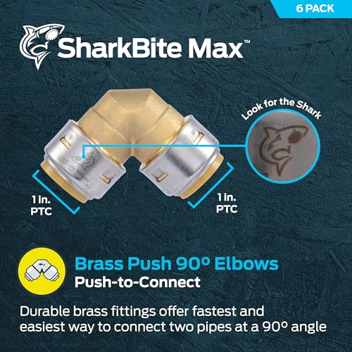 Image of SharkBite Max 1 x 1 in PTC 90-Degree Elbow, Pack of 6, Push-to-Connect Brass Plumbing Fitting, UR260