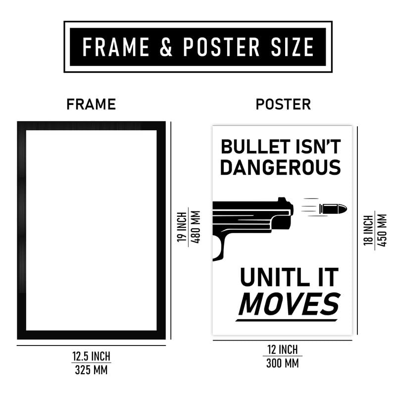 Image of CodersParadise inchBullet Isn't Dangerous Until It Moves Framed Wall Poster (12x18 Inch)|Motivational Action Quote Wall Art|Black & White Home & Office Decor for Bedroom, Living Room|Ready-to-Hang Frame