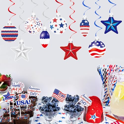 Image of 48 PCS 4th of July Hangings Swirl Decorations, Independence Day Patriotic Party Supplies, No DIY Ceiling Streamers Decor for Holiday Birthday Wedding Veteran Day Tree Red White Blue Decorations