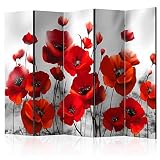 decomonkey Paravent Raumteiler XXL Einseitig Mohnblumen 225x172 cm 5 TLG. Trennwand Vlies Leinwand Raumtrenner Sichtschutz spanische Wand Blickdicht Textile Haptik Blumen schwarz weiß rot