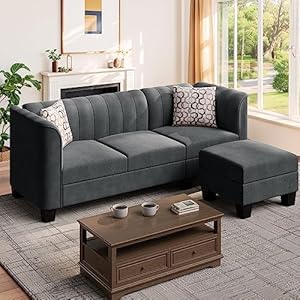 Shintenchi Upgraded Convertible Sectional Sofa Couch, 3 Seat L Shaped Sofa with High Armrest Linen Fabric Small Couch Mid Century for Living Room, Apartment and Office (Dark Grey)