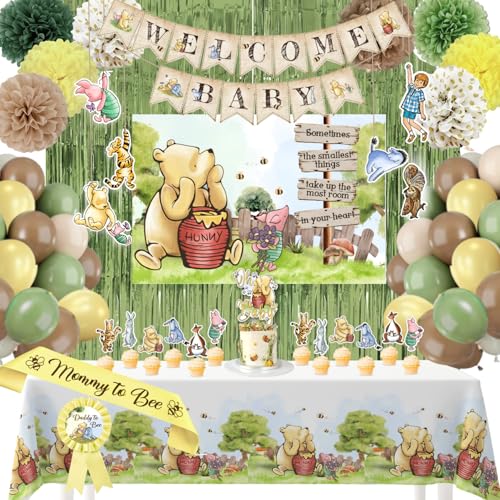 Winnie Baby Shower Decorations – the Pooh Balloons, Backdrop, Welcome Baby Banner, Tablecloth, Cake Toppers, Pompoms, Sash & More – Classic Pooh Baby Shower Theme Party Decor