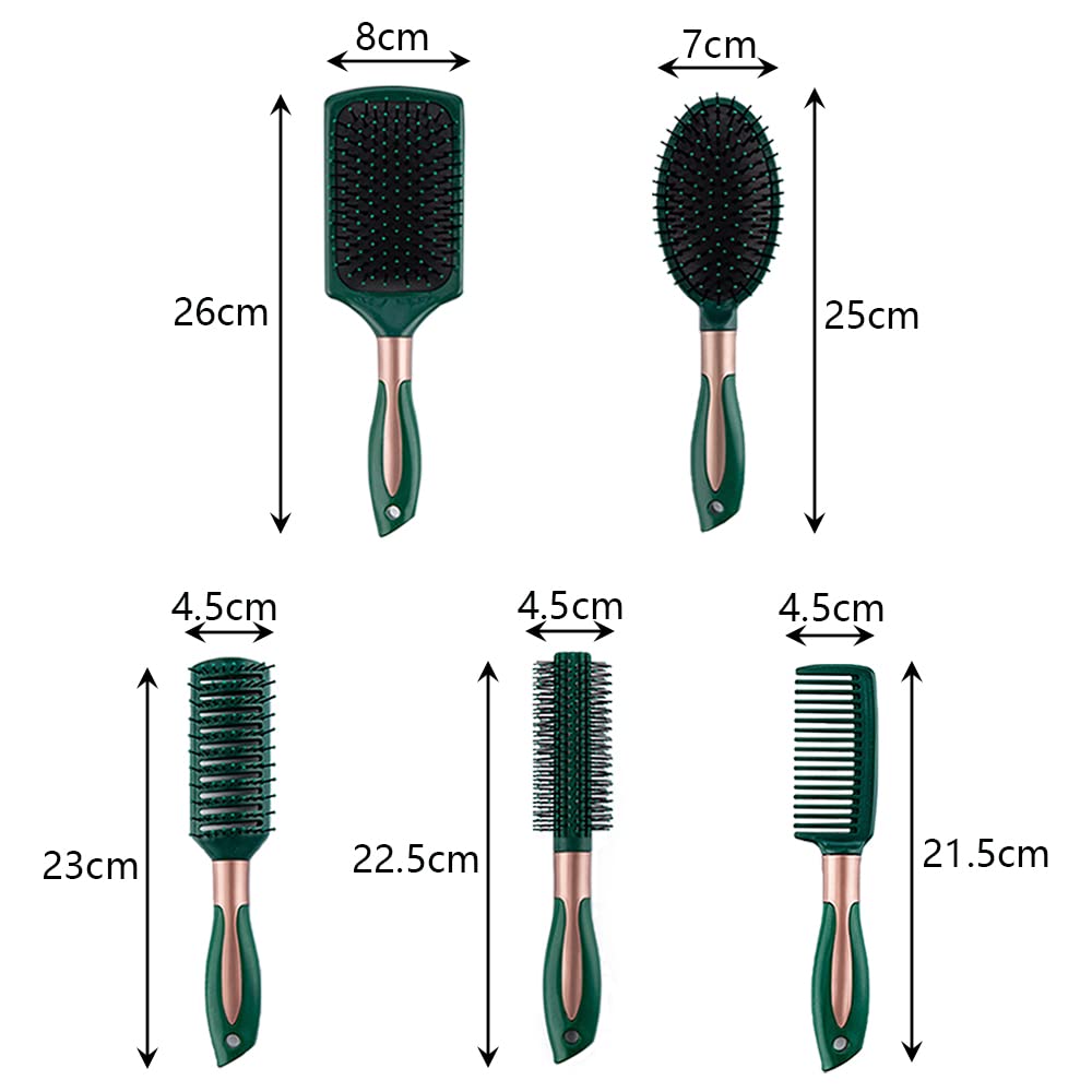 5 Pcs Hair Brush Set Anti Static Massage Oval Comb Air Cushion Vent Hair Brush Detangling Paddle Comb Hairbrush for Women All Men Wet or Dry Hair Styling, Massage, Add Shine (Green) - Image 2