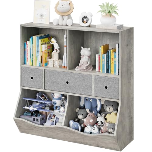 IDEALHOUSE Toy Organizers and Storage with 3 Movable Drawers, 7 Cubby Toy Shelf, Kids Bookcase and Bookshelf for Playroom, Living Room (Grey)