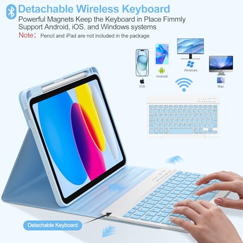 Image of COO Keyboard Case for iPad 11th A16 /10th Gen | Detachable Bluetooth Keyboard, Pencil Holder, Auto Wake /Sleep, 3 Angles, Shockproof PU TPU Cover, Blue