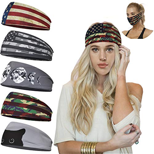 5 Pack Headbands Face Mask Multifunction Print Headwear Elastics Ties Bandana Neck Gaiter Scarves Women Hair Headwraps for Sports Workout Yoga Running Hiking Riding Motorcycling (Style-C（5 Pack）)
