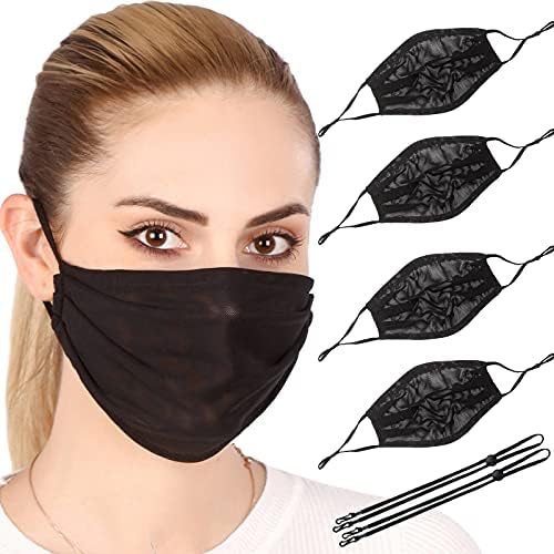 Wild & Bold 4Pcs Breathable Mesh Black Face Mask for Men Women and Youth with neck strap Resuable Washable Party Mask Indoor and Outdoor Sport Cloth Mask with Adjustable Earloop (Black)