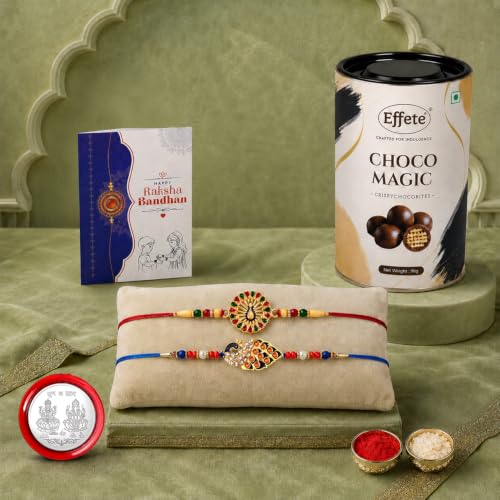 Image of DeoDap Rakhi with Chocolate for Brother - Peacock Design Colorful Rakhi 2 Pc with Choco Magic Chocolate 96 Gm, Greeting Card, Silver Color Coin & Tilak Set - Traditional Raksha Bandhan Combo Pack