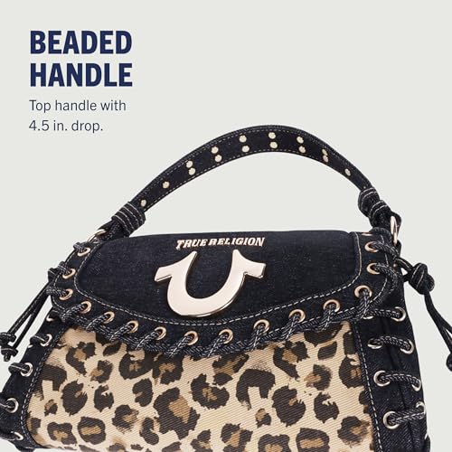 True Religion Denim Eyelet Trim Flap Bag, Studded Lace-Up Crossbody Shoulder Handbag with Horseshoe Logo, Leopard4