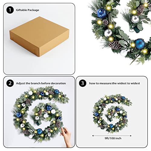 Wanna-Cul Pre-Lit 9 Feet/108 Inch Christmas Garland With Lights For Front Door Silver Blue Lighted Christmas Mantel Garland Decoration With Ball Ornaments, Pine Cones, Battery Operated 50 Led #TOP3